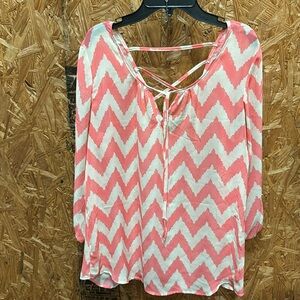 Adorable sheer coral and beige chevron print blouse